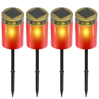 BYZESTY LED Grabkerze, 4 Stück Solar LED Grablicht, Grableuchten, Kerzen Outdoor, Solarbetrieben mit Lichtsensor, Stabilisierungsbügel mit Erdspieß, Lange Lebensdauer, Rot, 7 x 12 cm