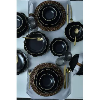 Keramika Geschirrset - Mat Black/Gold Romeo - 24 teilig - 6 Personen - Steingut - Bunt