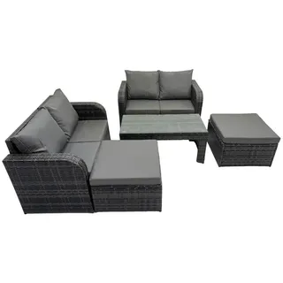 Fimous Gartensofa SET mit Couchtisch 2 Hockern Polyrattan 6-Sitzer , Dunkelgrau , Metall, Kunststoff, Glas , Füllung: Schaumstoff,Schaumstoff , rechteckig , Gartenmöbel, Gartengarnituren, Gartenmöbel-Sets