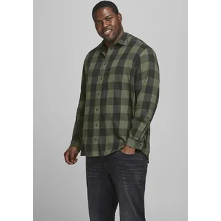 Karohemd "GINGHAM TWILL SHIRT" Gr. 5XL, grün (olivgrün, kariert), JACK & JONES PLUSSIZE, Hemden, Herren, 5XL (68/70), N-Gr, Web, Obermaterial: 100% Baumwolle, Karohemd, Bis Größe 6XL