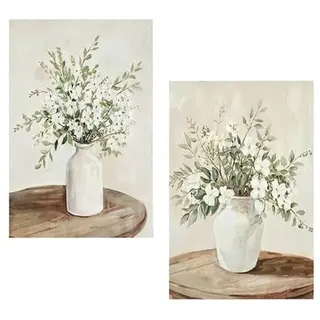 2er-Set natürliche Leinwandbilder mit Vasen und Blumen in Weiß, Grün und Braun, 40 x 60 x 3 cm