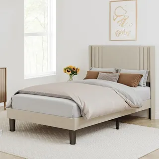 bealife Polsterbett 120x200 cm mit Lattenrost – Metallgestell mit Holzkopfteil | vibrationsarm | Beige/Dunkelgrau - Beige