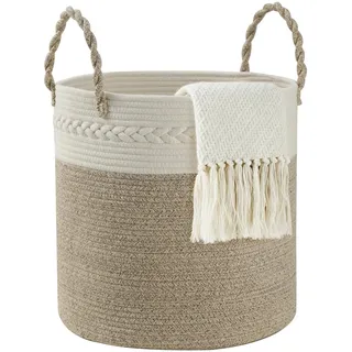 COSYLAND Aufbewahrungskorb Groß für Wohnzimmer, geflochtener Wäschekorb aus Baumwollseil, Wollkorb/Spielzeugkorb, Deckenkorb Wohnzimmer/Korb für Decken, 40×25.5 cm, Weiß Khaki