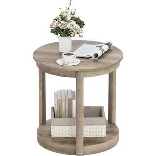 COSTWAY Runder Couchtisch, 2-stufiger runder Tisch mit Ablagefach & Beinen aus Gummibaumholz, rustikaler Landhaus-Cocktailtisch, Akzent-Teetisch - Grau