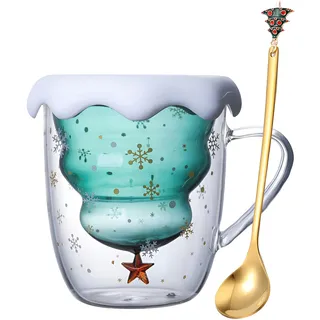 Syfunlv Süße Weihnachtstasse Geschenk, Weihnachten Doppelwandige Glastassen mit Deckel&Löffel,Espressotasse Weihnachten Grinch Tasse, Teegläser, Milchtasse, Weihnachtsbaum Kaffeetassen (Stil 1)