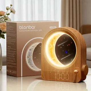 blonbar Wecker & Mondlampe, Nachttischlampe mit Lichtwecker, Tageslichtwecker, Nachtlicht mit 3 Helligkeitsstufen,10 Natürliche Klänge, Ideal für Schlafzimmer
