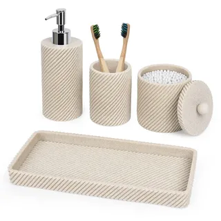 Badezimmer-Zubehör-Set, 4-teilig, Lotion-Seifenspender, Zahnbürstenhalter, Qtip-Halter, Schminktisch-Tablett für Dekoration, Badezimmer, Arbeitsplatte, Schminktisch-Organizer, Beige