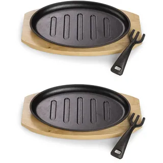 ECHTWERK Servierpfanne aus Gusseisen mit Grillstreifen und Servierbrett, Abnehmbarer Griff, Bereits eingebrannt, Für Backöfen, Grill, BBQ und Induktion geeignet, 27 x Ø 17,5 cm, 2tlg