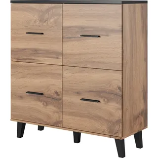 Furniture24 Schrank LOTTA Wohnzimmerschrank Highboard 4 Türiger Hochschrank Wotan Eiche / Schwarz - Braun