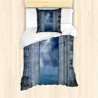 ABAKUHAUS Natur Mantele, Thunderbolt bei Nacht, Milbensicher Allergiker geeignet mit Kissenbezügen, 135 cm x 200 cm - 80 x 80 cm, Blau grau