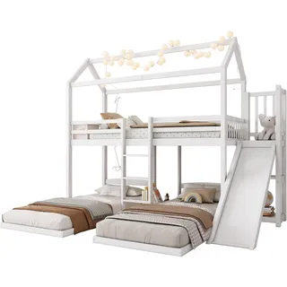 Etagenbett, Kinderbett, Stabile Bettrahmenkonstruktion, mit Rutsche, Einzigartiges Dachdesign, Design mit drei Schlafplätzen, Stauraum im oberen Bett - Weiß