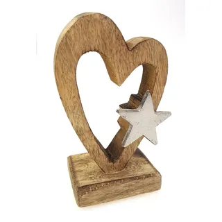 Deko Figur Herz Herzaufsteller 15 cm, Mango Holz mit Aluminium Metall Silber, Herzfigur mit Stern Winterstern Weihnachtsstern