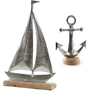 Logbuch-Verlag maritimes Deko Set aus Metall & Holz - Segelschiff 40 cm + Anker Figur Silber - Reisebüro Bad Dekoration