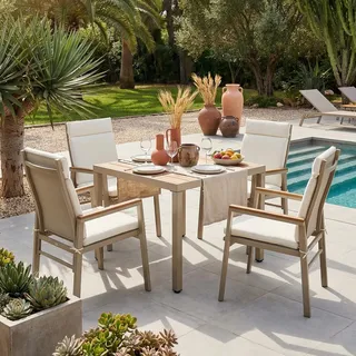 okwish Garten-Essgruppe Gartenmöbel-Set mit 1 Tisch und 4 Stühlen Outdoor-Sofaset Geeignet für 4 Personen Tischplatte aus Kunststoffholz verzinktes Eisen Stuhl mit Rückenlehnen Beige - Beige