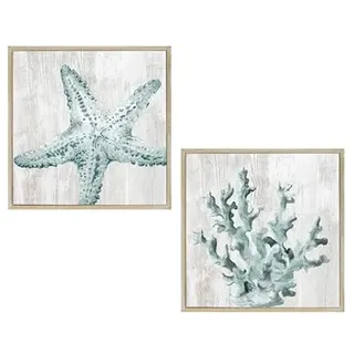 Set mit 2 maritimen Leinwandbildern mit Naturholzrahmen in Blau, Beige und Natur, 24 x 24 x 1,9 cm