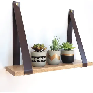 Gadgy Wandregal Holz | Schwebendes Regal | Braun Kunstleder und Massive Eiche | Wanddeko Holz | Dekorative Hängeregal | 50 x 15 x 2 cm