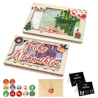 Holz Geldgeschenk Weihnachten-2 Stück Geldgeschenke Verpackung Weihnachten-Adventskalender zum Befüllen mit Weihnachtskarte Umschlag Sticker Band-Verpackung für Geldgeschenke(Geschenkset – 2)