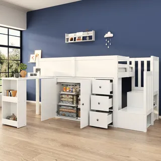 MODFU Kinderbett,Hochbett Jugendbett 90x200cm Multifunktionales Kinderbett, mit Ausziehbarem Schreibtisch mit Schrank und Schublade, mit Treppe und Treppenschrank, mit matratze, Weiß - Weiß