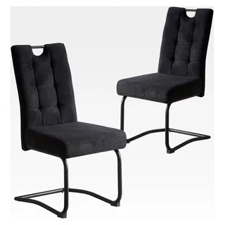 Esszimmerstühle Sofia 2er Set – Freischwinger Schwingstuhl, gepolsterte Sitzschale mit Griff, Webstoff Schwarz, Metallkufe schwarz, Retro-Industrial Design für Esszimmer, Küche und Büro