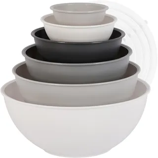 BoxedHome 12-teiliges Salatschüssel mit Deckel aus BPA-freiem Kunststoff, Weiß - Stapelbare Rührschüssel Set, Wiederverwendbare, Spülmaschinenfest, Ideal für Camping, Picknicks, Backen und Kochen