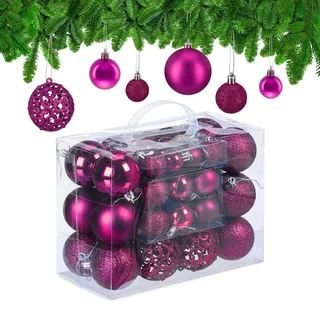 Relaxdays Weihnachtskugeln im 50er Set, glitzernde, matte & glänzende Christbaumkugeln, Kunststoff, ∅ 3, 4 & 6 cm, pink,