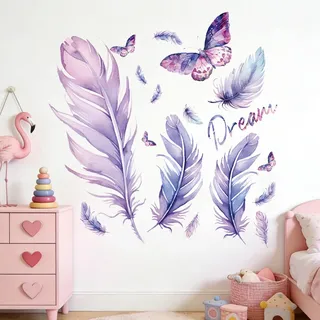 Wandtattoo Schmetterling Feder Lila selbstklebend Wandsticker PVC für Mädchen Kinderzimmer Schlafzimmer Kindergarten