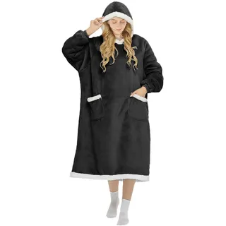FEELJAM Decke mit Ärmeln und Kapuze Hoodie Decke Erwachsene Ärmeldecke Weich Warm Kuscheldecke mit Ärmeln (Schwarz, 150 lang)