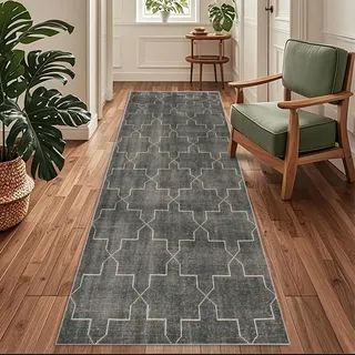 Siunwdiy Teppich Läufer Flur rutschfest Küchenläufer Waschbar 80 x 200 cm Grau Geometrischer, Korridor Teppichläufer Lang Küchenteppich Für Schlafzimmer Eingang Meterware