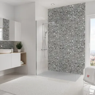 Schulte Duschrückwand Softtouch, 150x255 cm, Wandverkleidung Terrazzo-Grau, Aluminiumverbundplatte, fugenloser Fliesenersatz, EP19015254-854 - Grau