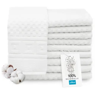 ZOLLNER 10er Set Gästehandtücher in 30x50 cm - weiches und saugstarkes Waffelmuster in weiß - mit Aufhänger - waschbar bis 95°C - Baumwolle - Hotelqualität - Oeko Tex® Zertifiziert