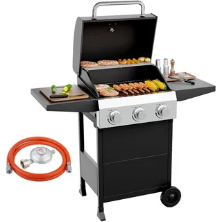 LEADZM Gasgrill 3 Brenner 10,5 kW - 50-Mbar-Druckminderungsventilgas grill mit Deckel, Vollständig ausgestattet, Gasbetriebener Grillwagen, geeignet für Camping, Gärten und Strände
