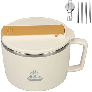 Mikrowellen-Nudelschüssel mit Essstäbchen und Spork 1200 Ml Tragbare Ramen-Kochschüssel aus Edelstahl 304 mit Deckel für das Büro-Slot-Design (Beige)