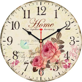VIKMARI 30cm Vintage Wanduhr Leise Ohne Ticken - Blumen Deko Wohnzimmer | Hochwertiges MDF mit arabischen Ziffern. Diese lautlose Landhausstil Uhr ist ideal für Küche, Schlafzimmer und Büro.