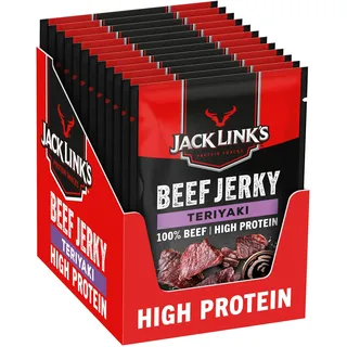 Jack Links Beef Jerky Teriyaki – 12er Pack (12 x 25g) – Trockenfleisch Eiweiß Snacks - High Protein Snack für Gym, Fitness, Outdoor - American Food für Menschen - Dörrfleisch Chips aus Rind Fleisch