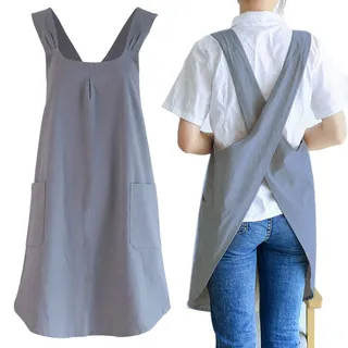 NEWGEM Japanische Leinen Kreuz Rücken Küche Kochen Schürzen für Frauen mit Taschen Niedlich für Backen Malerei Gartenarbeit Reinigung Grau