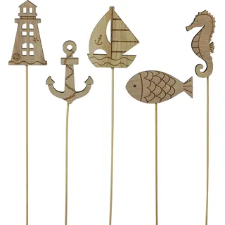 Blumenstecker Maritim Holz Deko 7cm 12 Stück Seepferdchen Anker Segelboot