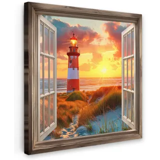 MuchoWow Leinwandbild Aussicht - Fenster - Leuchtturm - Sonnenuntergang - Strand 50x50 cm , Textil , Quadratisch , 50x50 cm , FSC 100% , gerahmt , Bilder & Rahmen, Bilder, Leinwandbilder