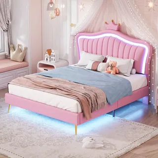 Flieks Polsterbett 140x200cm mit Lattenrost, Jugendbett Kinderbett mit Led, Doppelbett mit Kronenformung, Holzbett Klassisches Bett, PU, Rosa - Rosa