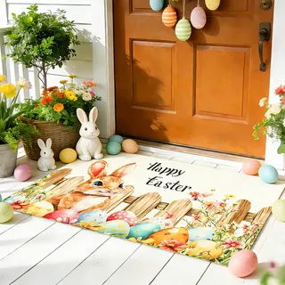 ZoneYan Ostern Deko Fußmatte, Osterhasen Fußmatte, 40×60cm, Frühling rutschfest Türmatte, Ostern Hasen Teppiche, Ostereier Teppich, Osterhasen Bodenmatte, Frühling Türmatte Dekorative