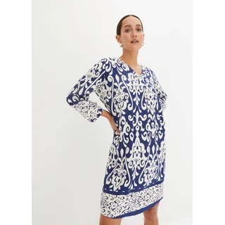 Tunikakleid BONPRIX, Damen, Gr. 44, N-Gr, dunkelblau, creme bedruckt, Web, Obermaterial: 100% Viskose, A-Linie, Kleider Tunikakleid, aus Viskose, eleganter Stil, A-Linien-Passform, 3/4-Ärmel, Topseller