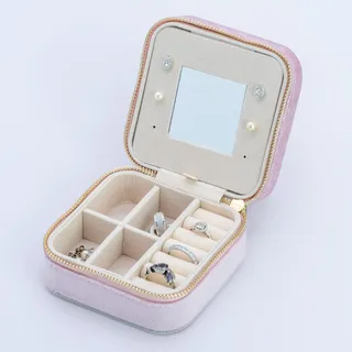 TRIXES Reise-Schmuckkästchen, Samt, Rosa – kleine Box Organizer – Display-Aufbewahrungsbox für Ringe, Ohrringe, Armbänder, Halsketten – Taschenspiegel – Geschenke füR Frauen