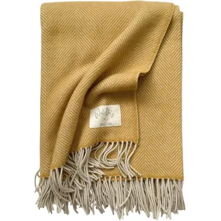 JOWOLLINA X WoolOnly Wolldecke Plaid mit Natur-Fransen 130x180 cm, Herringbone (Honig)
