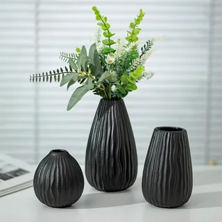 NUPTIO Schwarz Keramik Vase Dekor: Modern Gerippte Trockenblumen Vasen für Wohnzimmer Tischdeko – 20cm+16cm+11cm Boho Pampasgras Blumenvase für Fensterbank Bücherregal 3er-Set