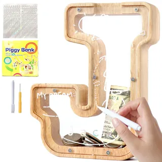 Lakpopya Spardose Kinder Buchstaben aus Holz für A-Z Personalisiert Sparschwein Durchsichtig Alphabet Sparbox, Geschenk Dekoration Taufe für Jungen Mädchen (J)