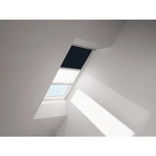 VELUX Vorteils-Set Verdunkelungsrollo uni dunkelblau und Faltstore Plissee weiß