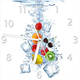Wallario Design Wanduhr Obst-Eiswürfel-Mix im Wasser mit weißem Hintergrund aus Echtglas, Größe 20 x 20 cm - Weiß