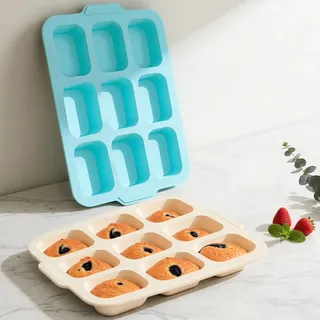 Toeusog 2-Stück Silikon Mini Kastenform: Klein Kuchenform mit Metallrahmen für 9 Kuchen - Antihaft Kleine Brotbackform Silikon - Mini Backform Brot für Brownie/Brötchen backen - Mintgrün/Beige