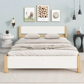 Fortuna Lai Doppelbett, Holzbett, Kiefernholzrahmen mit Mittelfuß, Jugendbett, Erwachsenenbett, mit Kopf- und Fußteil aus MDF, Weiß + Natur, 140x200 cm (ohne Matratze) - Weiß