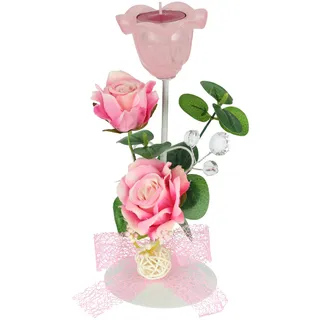 Teelichthalter auf Metall mit Glas und Teelicht-Kerze mit Rosen und Eukalyptus Kerzenhalter Kerzenständer Tischdeko Teelichtglas Windlicht romantische Deko Deko-Objekt Hochzeitsdeko, Rosen