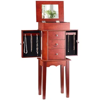 VEVOR Schmuckschrank, stehende Schmuckaufbewahrungstruhe aus Holz mit 3 Schubladen, Klappspiegel, 4 oberen Ablagefächern, Griffen aus Zinklegierung, 2 Seitentüren mit 6 Halskettenhaken